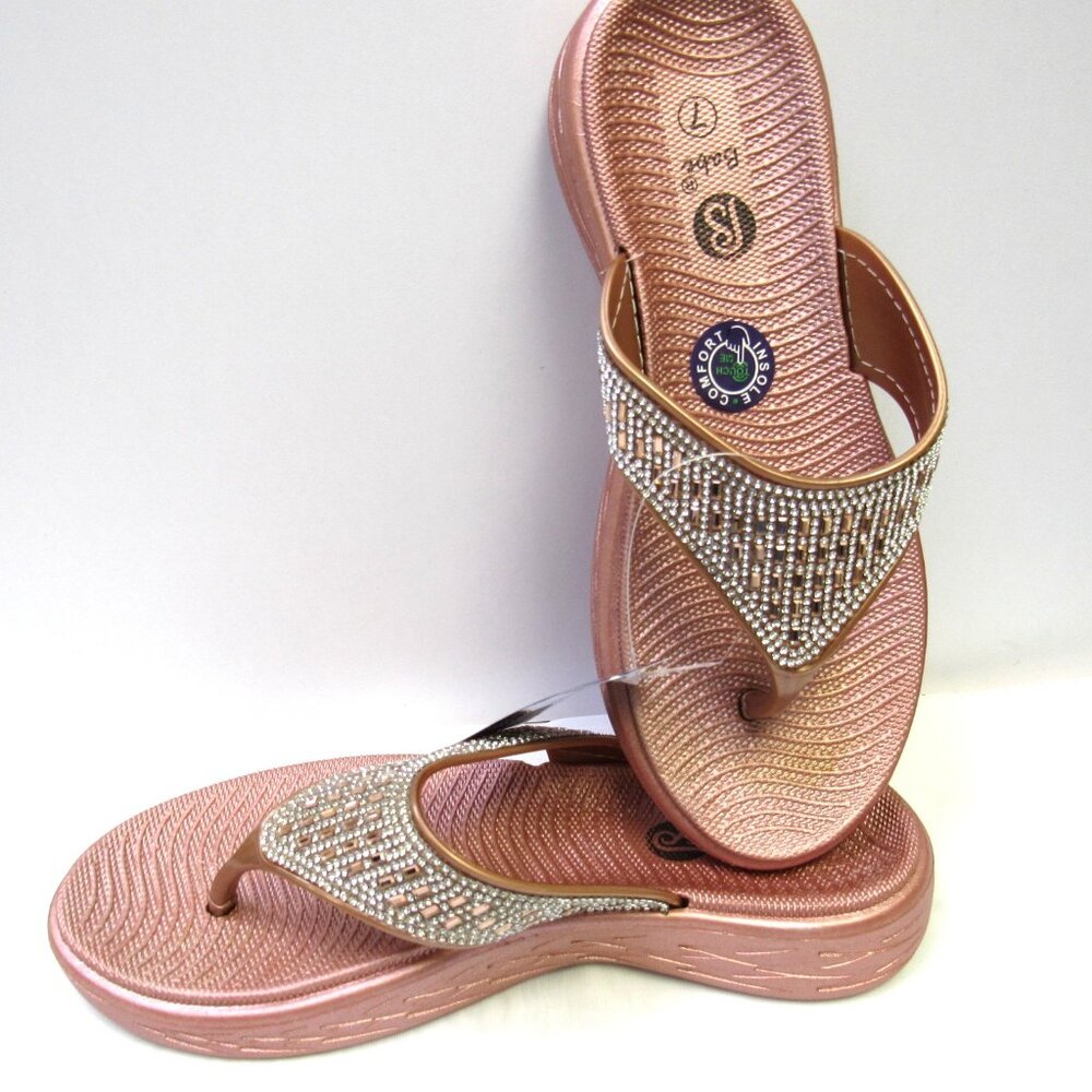 Rose Gold Sparkle Rhinestone Dressy Sandals Flip Flops Wedge Slides